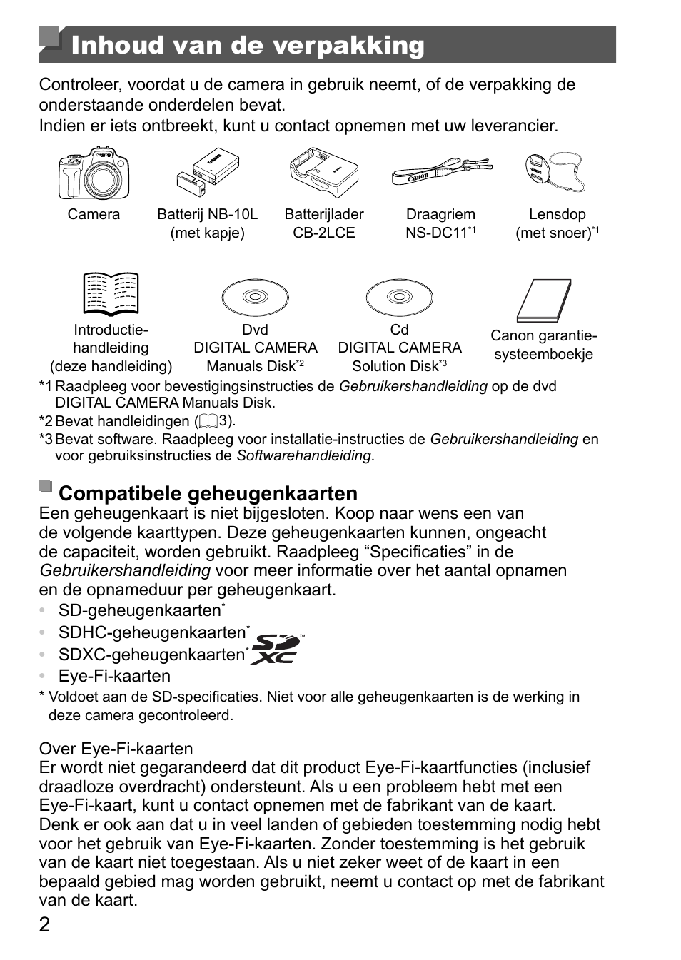 Inhoud van de verpakking, Compatibele geheugenkaarten | Canon PowerShot SX50 HS User Manual | Page 42 / 146