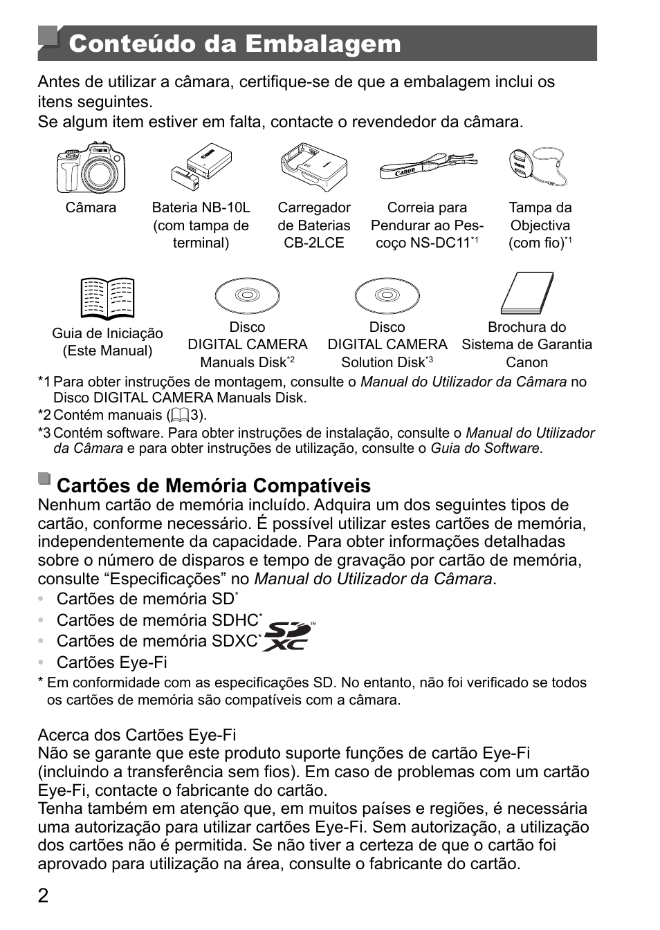 Conteúdo da embalagem, Cartões de memória compatíveis | Canon PowerShot SX50 HS User Manual | Page 50 / 146