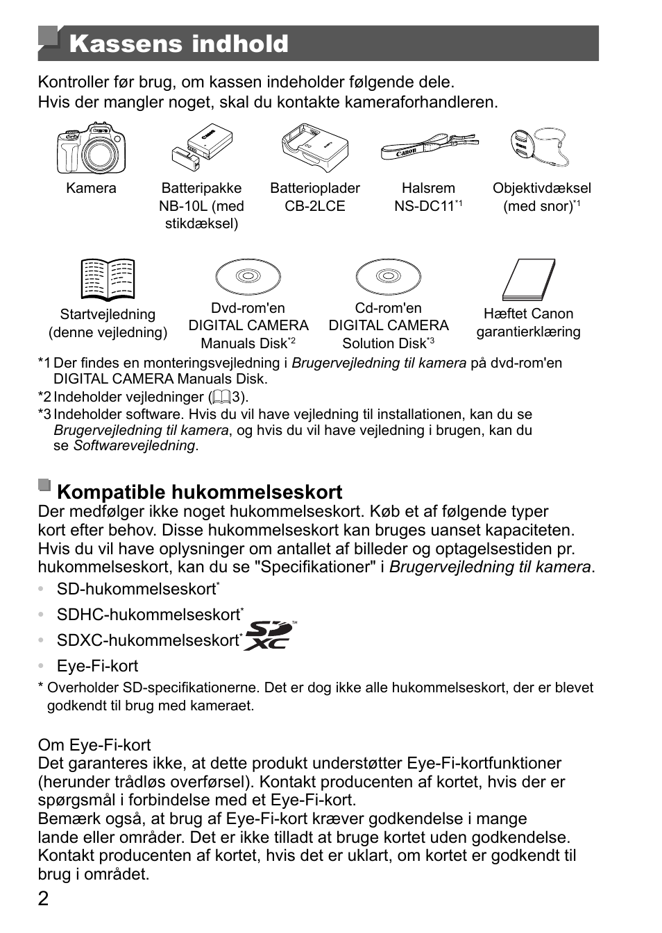 Kassens indhold, Kompatible hukommelseskort | Canon PowerShot SX50 HS User Manual | Page 58 / 146