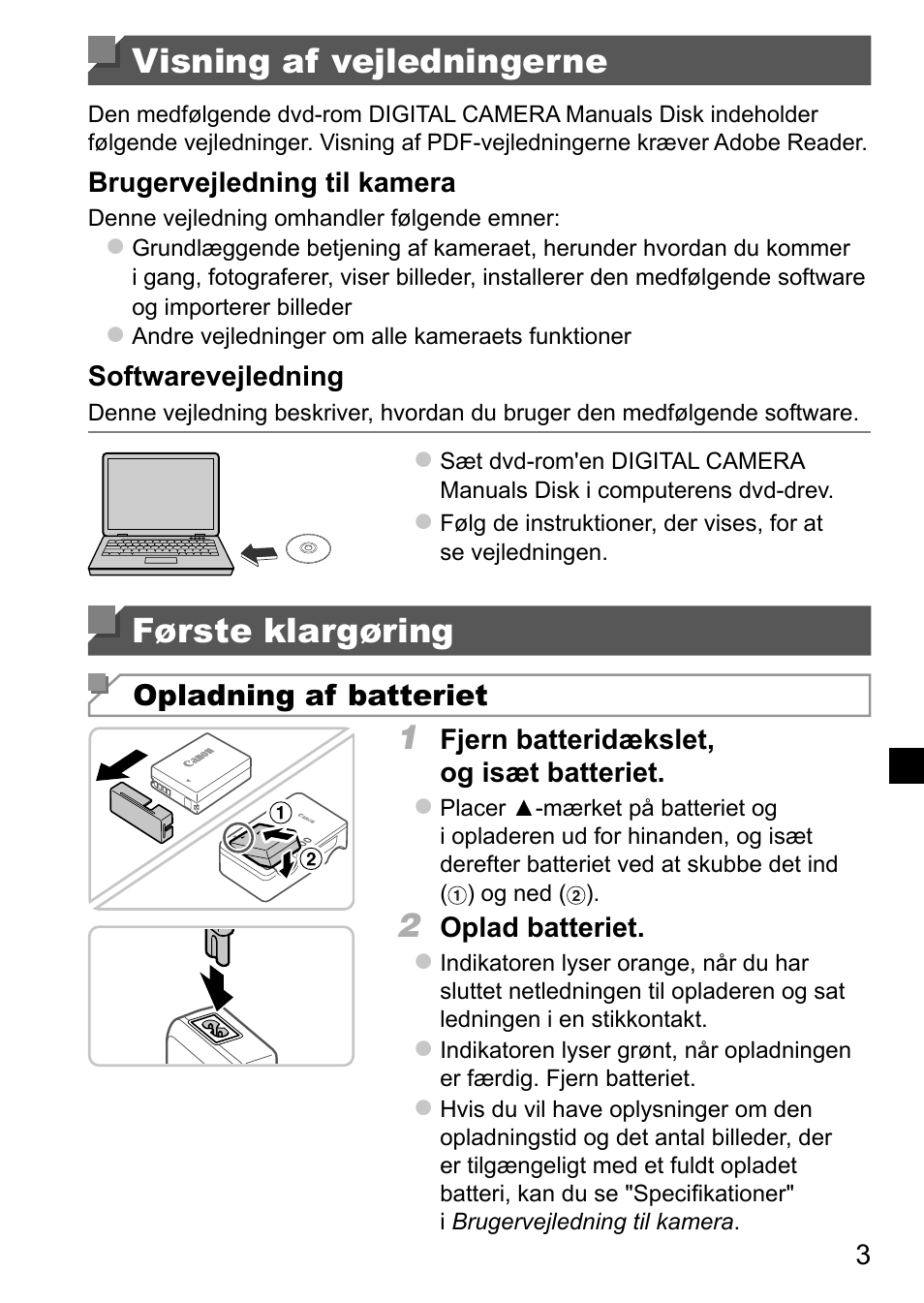 Visning af vejledningerne, Første klargøring | Canon PowerShot SX50 HS User Manual | Page 59 / 146