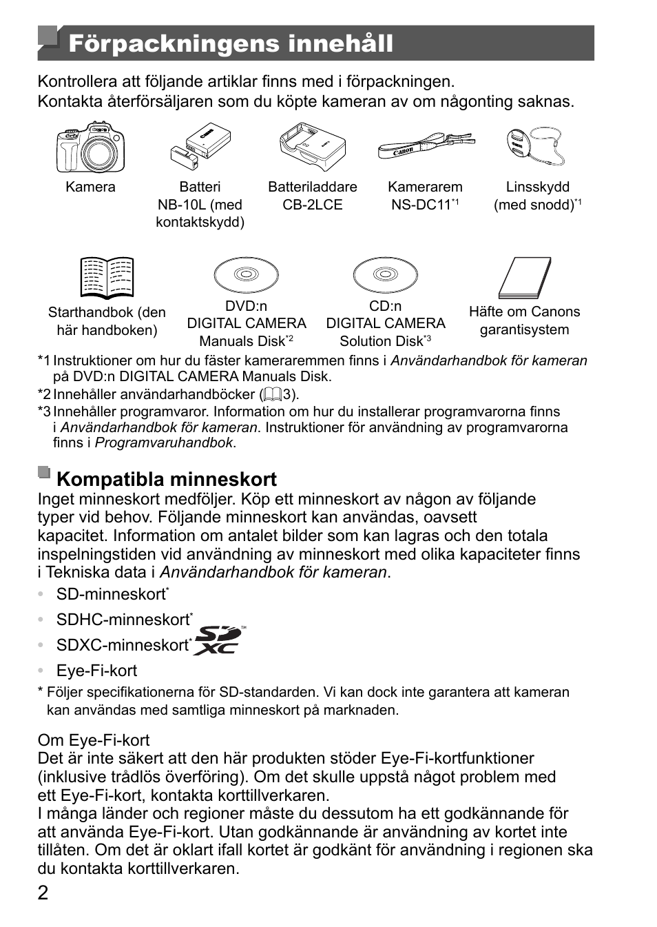 Förpackningens innehåll, Kompatibla minneskort | Canon PowerShot SX50 HS User Manual | Page 66 / 146