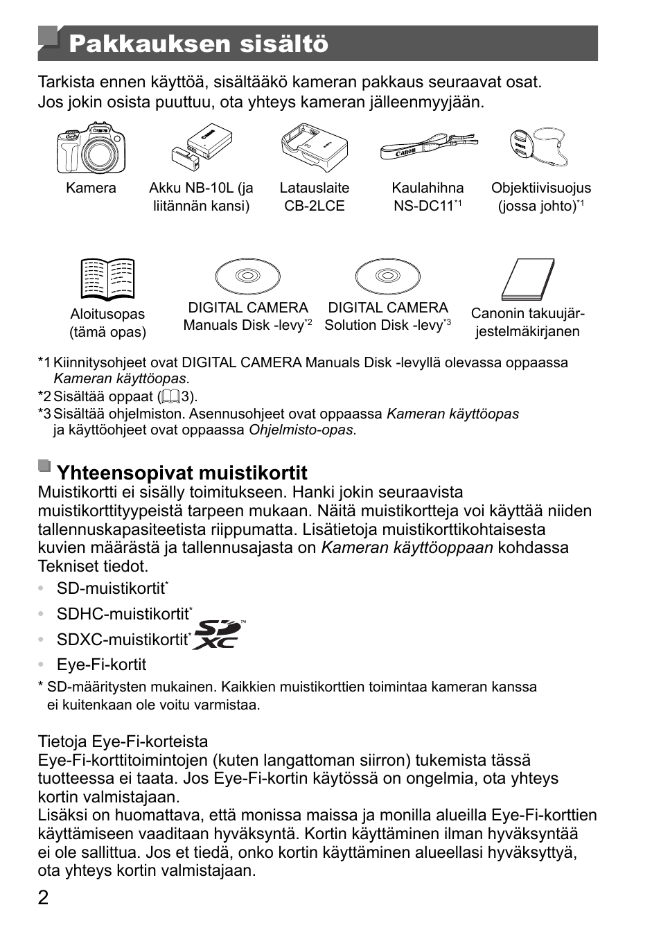 Pakkauksen sisältö, Yhteensopivat muistikortit | Canon PowerShot SX50 HS User Manual | Page 74 / 146