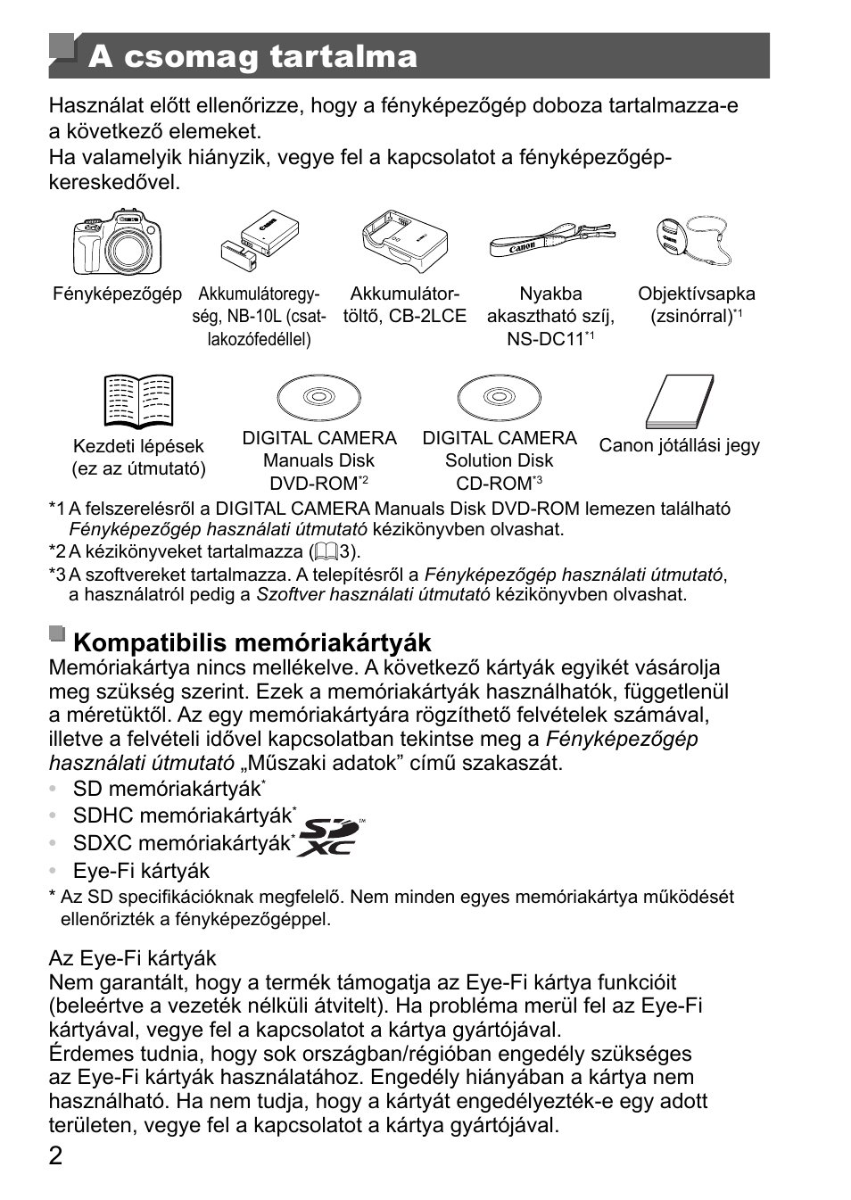 A csomag tartalma, Kompatibilis memóriakártyák | Canon PowerShot SX50 HS User Manual | Page 90 / 146