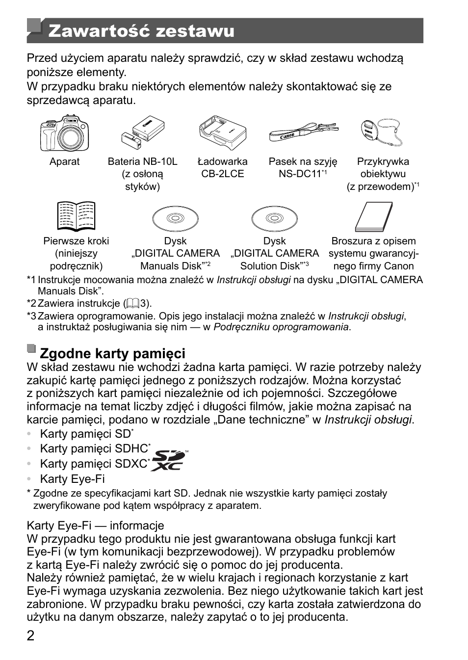 Zawartość zestawu, Zgodne karty pamięci | Canon PowerShot SX50 HS User Manual | Page 98 / 146