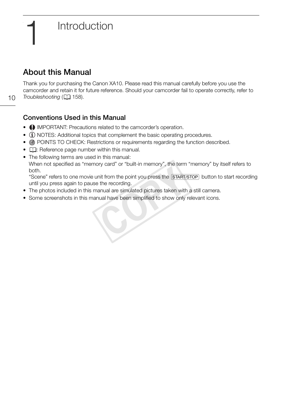 1 introduction 10, About this manual 10, Conventions used in this manual 10 | Cop y, Introduction | Canon XA10 User Manual | Page 10 / 187