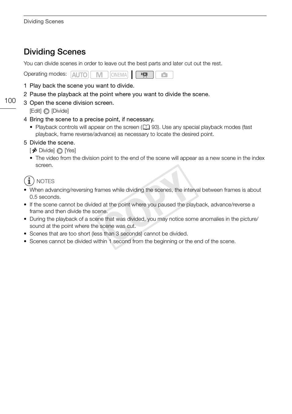 Dividing scenes 100, Cop y | Canon XA10 User Manual | Page 100 / 187