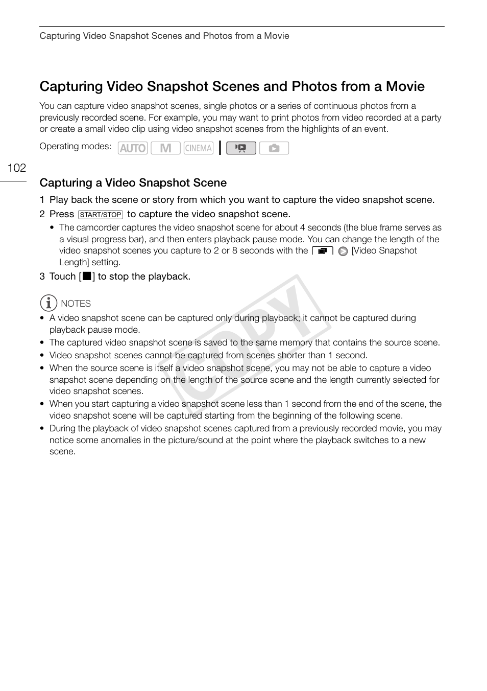 Capturing video snapshot scenes and, Cop y | Canon XA10 User Manual | Page 102 / 187