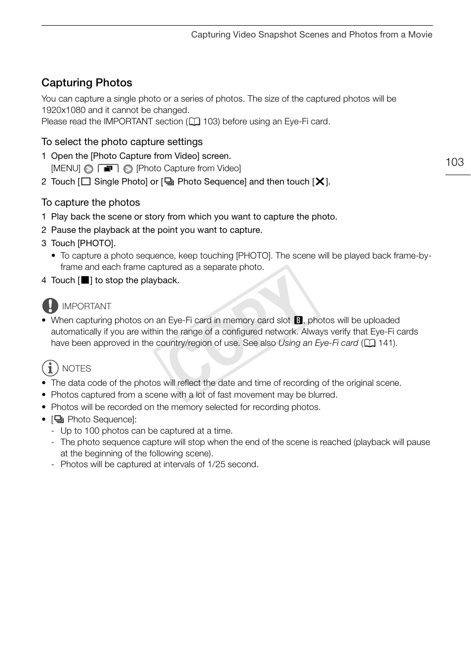 Capturing photos 103, Cop y | Canon XA10 User Manual | Page 103 / 187