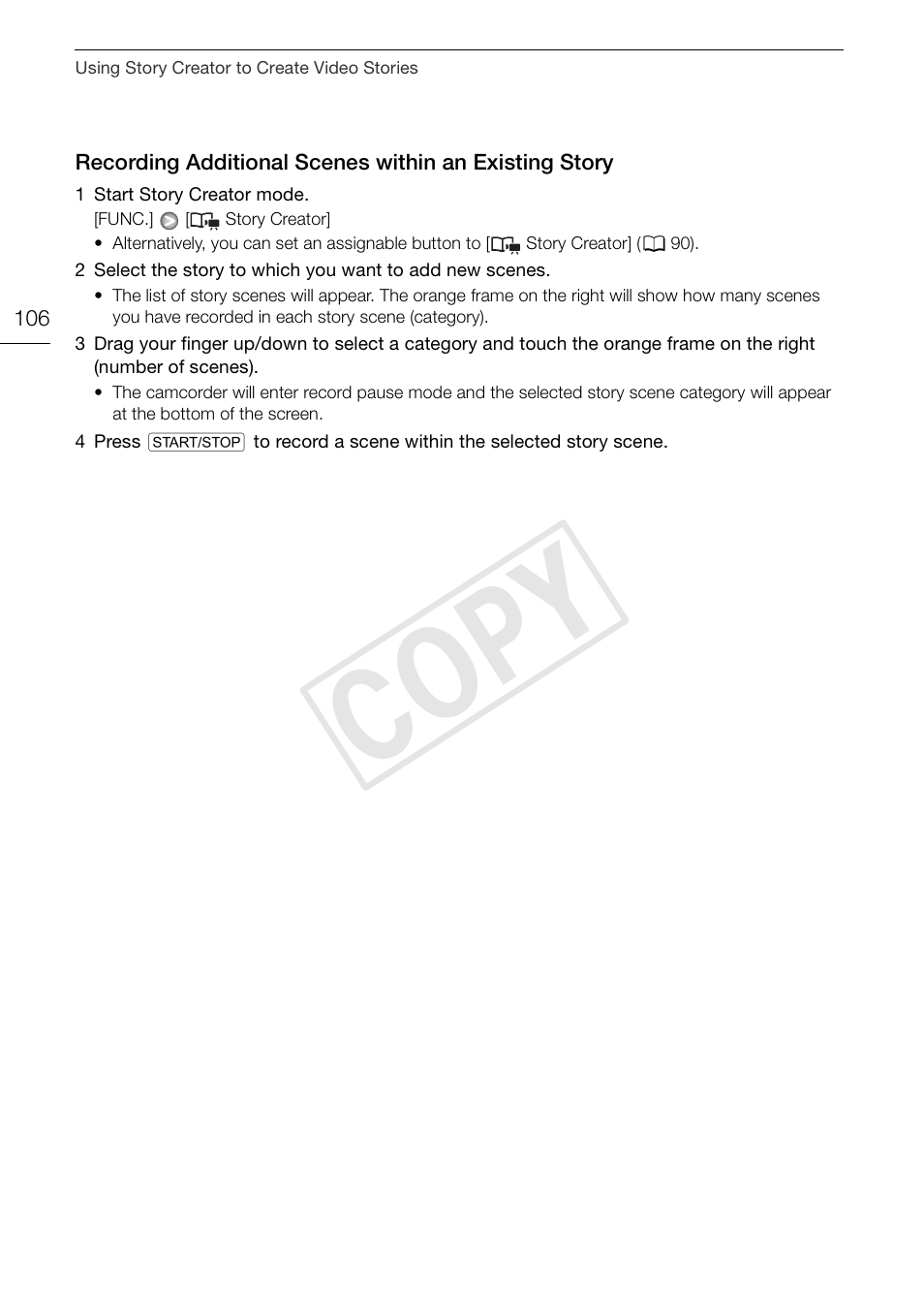 Recording additional scenes within an, Existing story 106, Cop y | Canon XA10 User Manual | Page 106 / 187