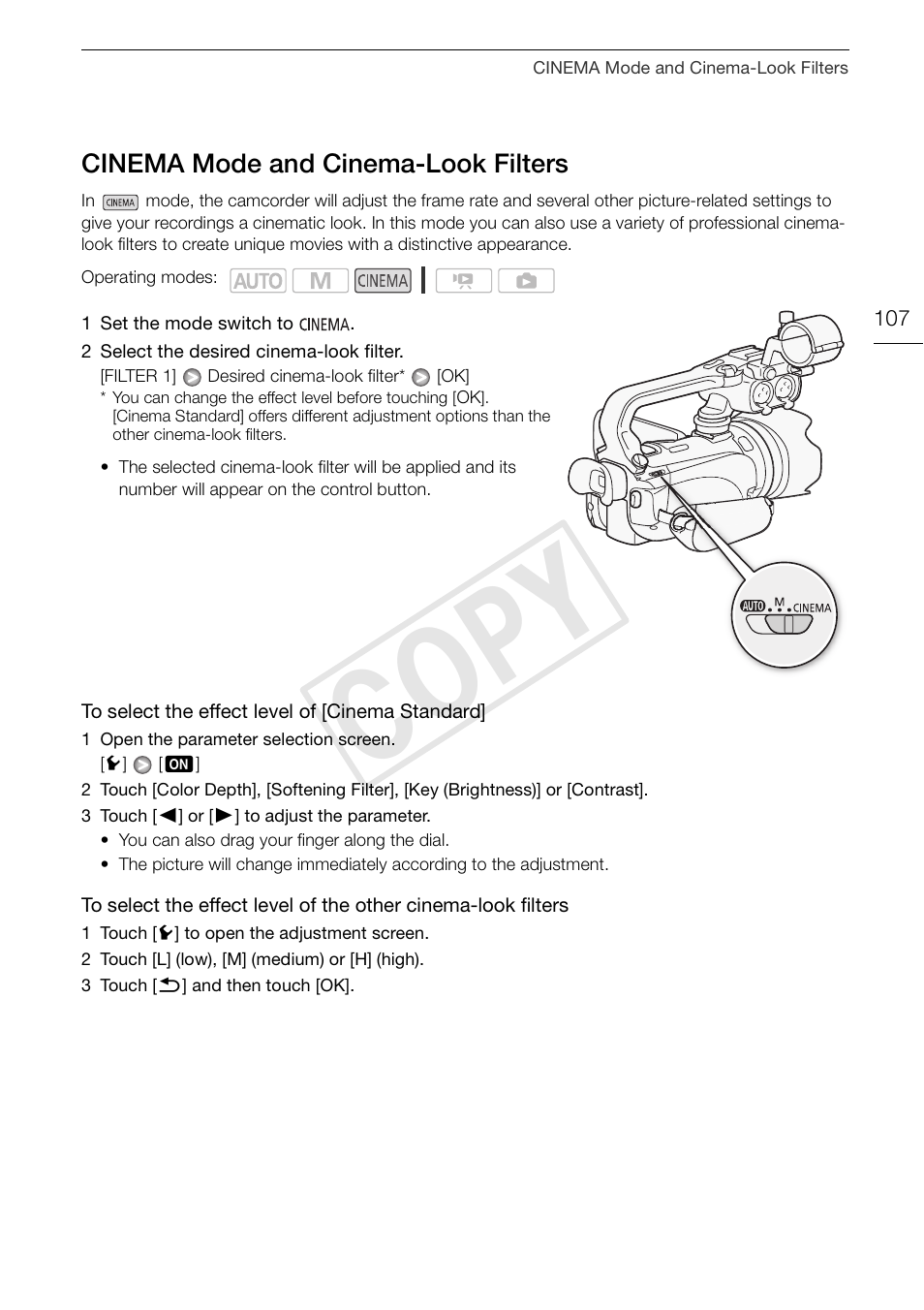 Cinema mode and cinema-look, Filters 107, Cop y | Canon XA10 User Manual | Page 107 / 187