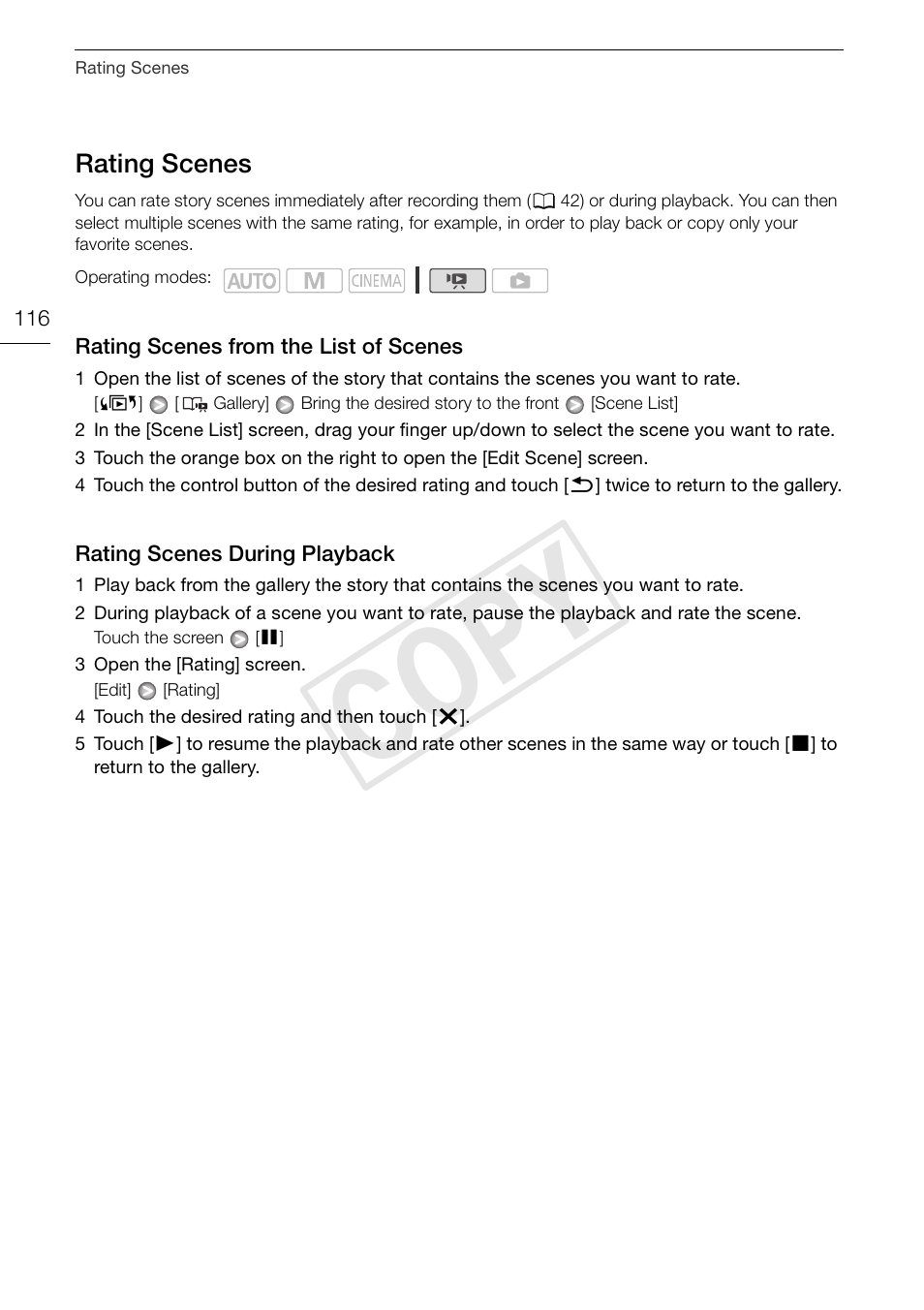 Rating scenes 116, Rating scenes from the list of, Scenes 116 | Rating scenes during playback 116, Cop y | Canon XA10 User Manual | Page 116 / 187