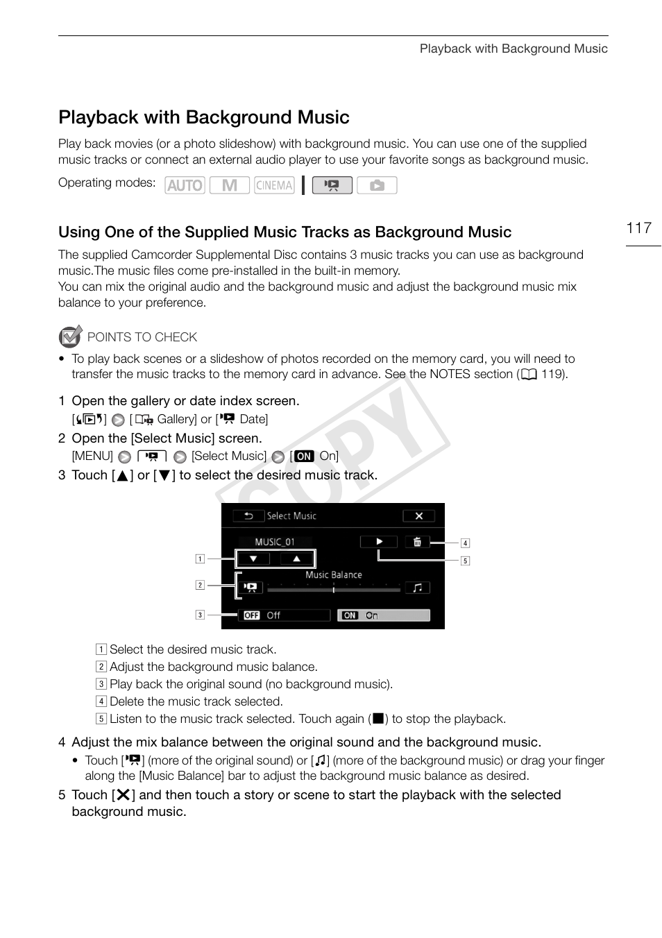 Playback with background music 117, Using one of the supplied music tracks, As background music 117 | Cop y | Canon XA10 User Manual | Page 117 / 187