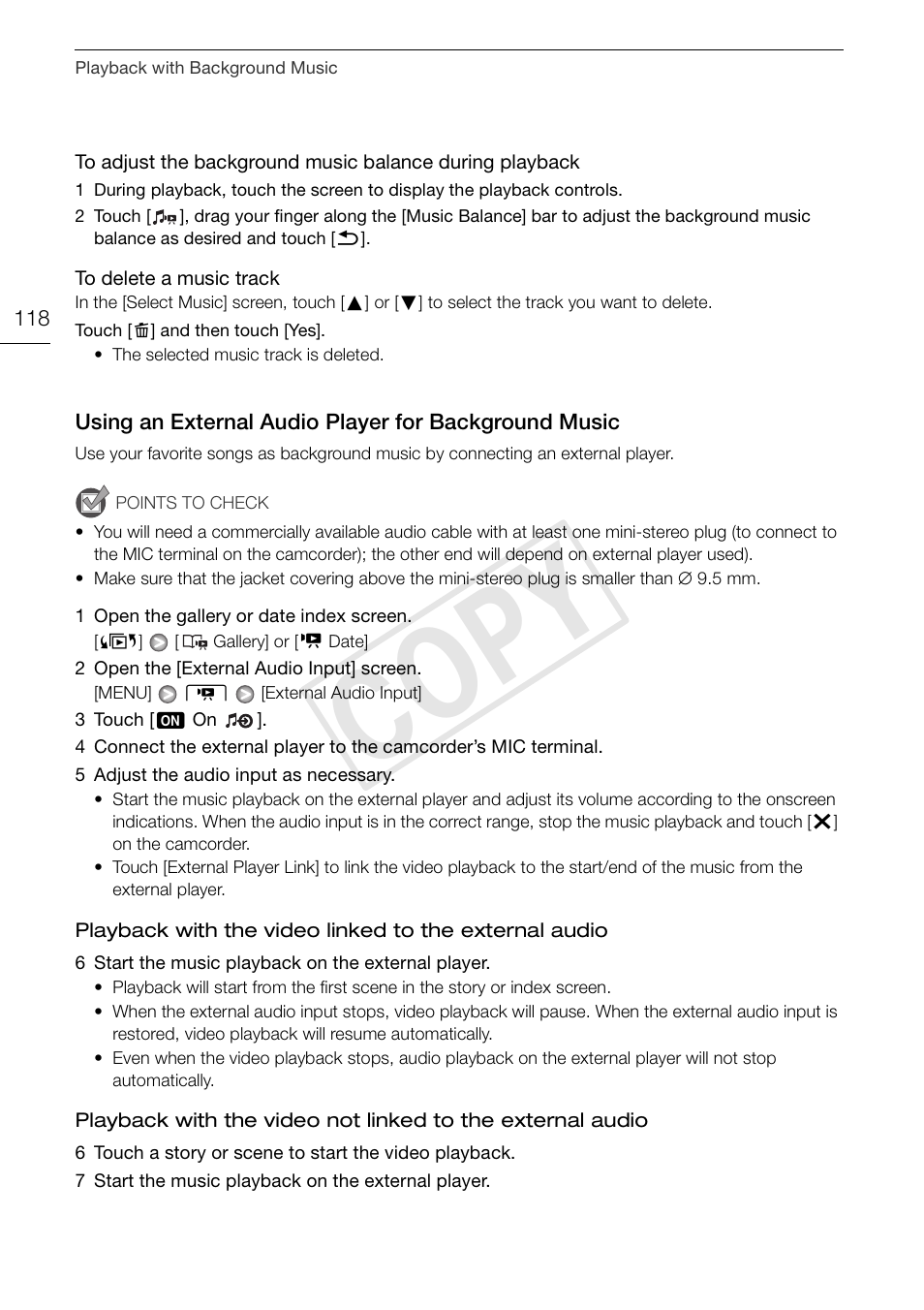 Using an external audio player for, Background music 118, Cop y | Canon XA10 User Manual | Page 118 / 187