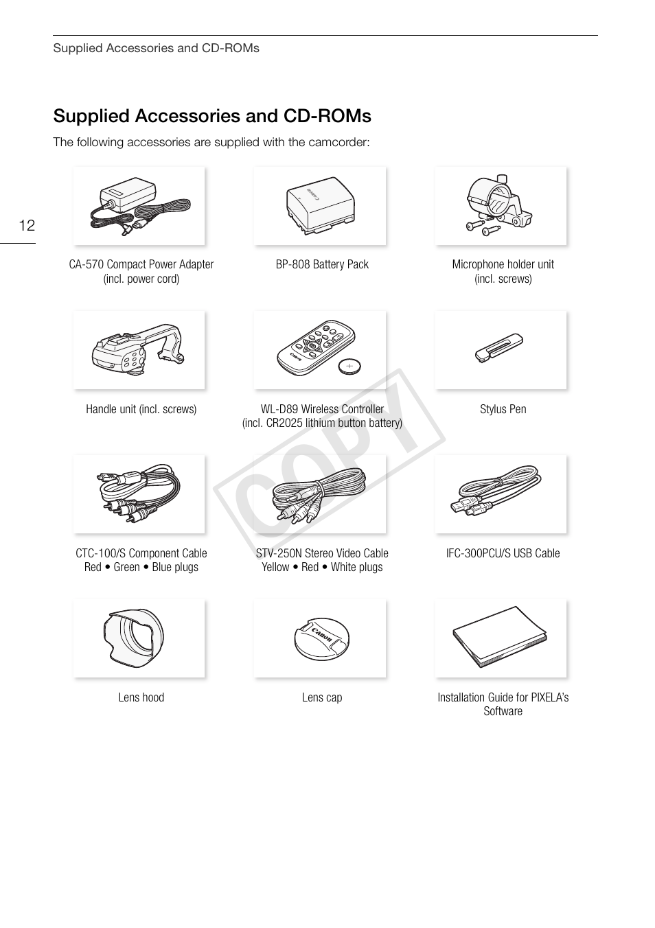 Supplied accessories and cd-roms 12, Cop y | Canon XA10 User Manual | Page 12 / 187