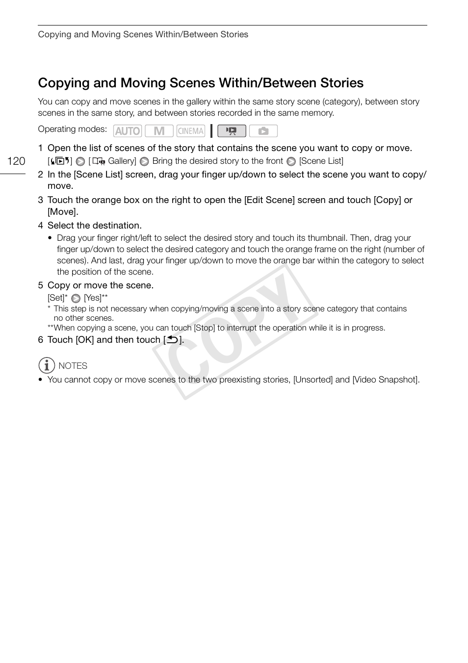 Copying and moving scenes within, Between stories 120, Cop y | Canon XA10 User Manual | Page 120 / 187