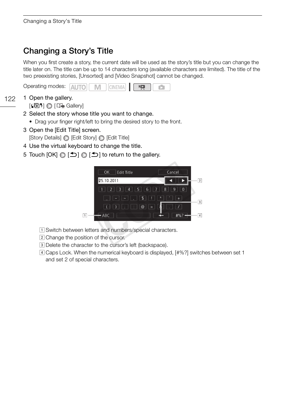 Changing a story’s title 122, Cop y | Canon XA10 User Manual | Page 122 / 187