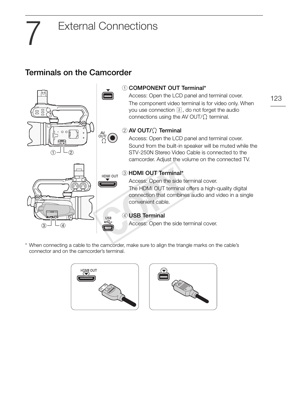 7 external connections 123, Terminals on the camcorder 123, Cop y | External connections | Canon XA10 User Manual | Page 123 / 187