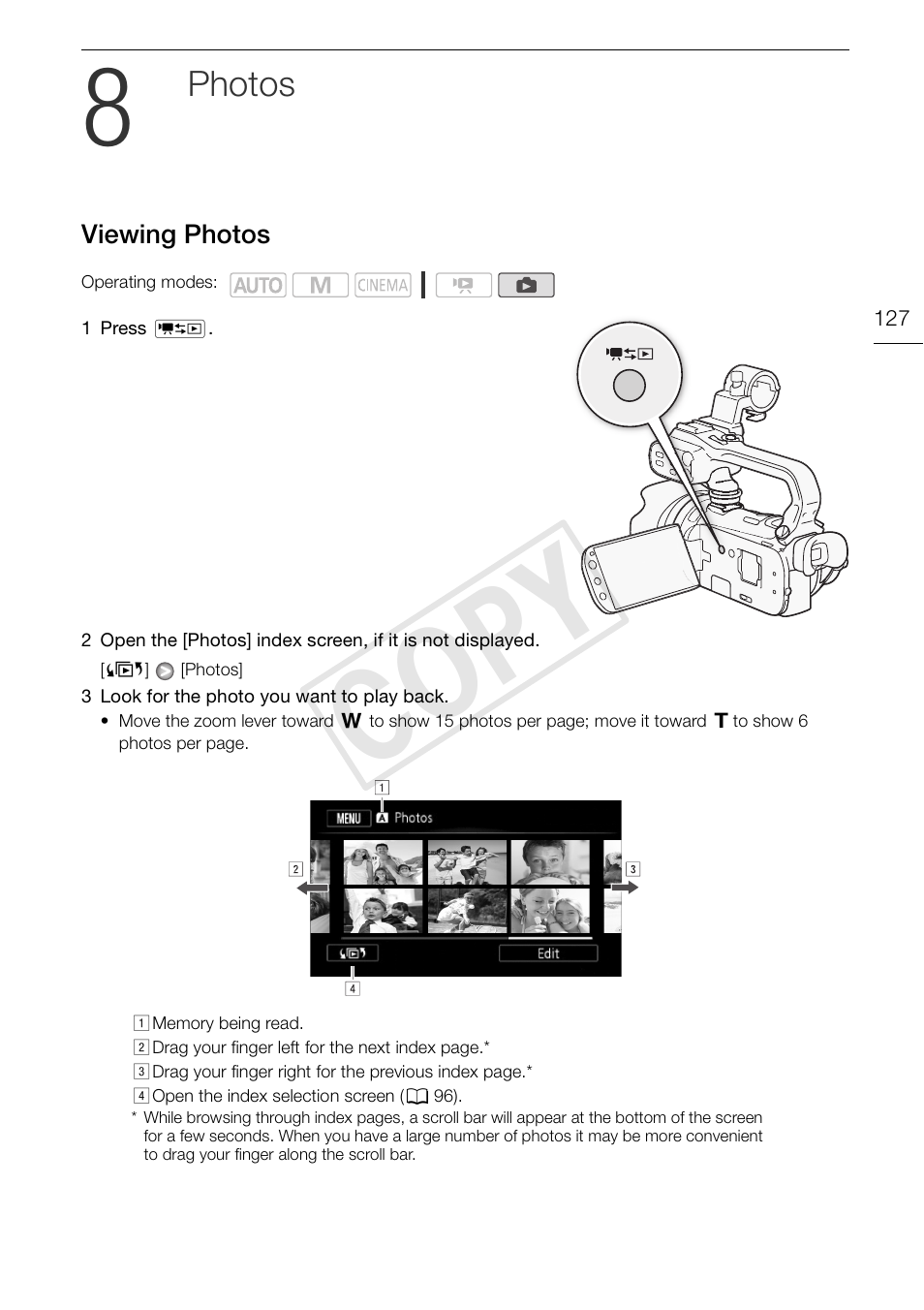 8 photos 127, Viewing photos 127, Cop y | Photos | Canon XA10 User Manual | Page 127 / 187