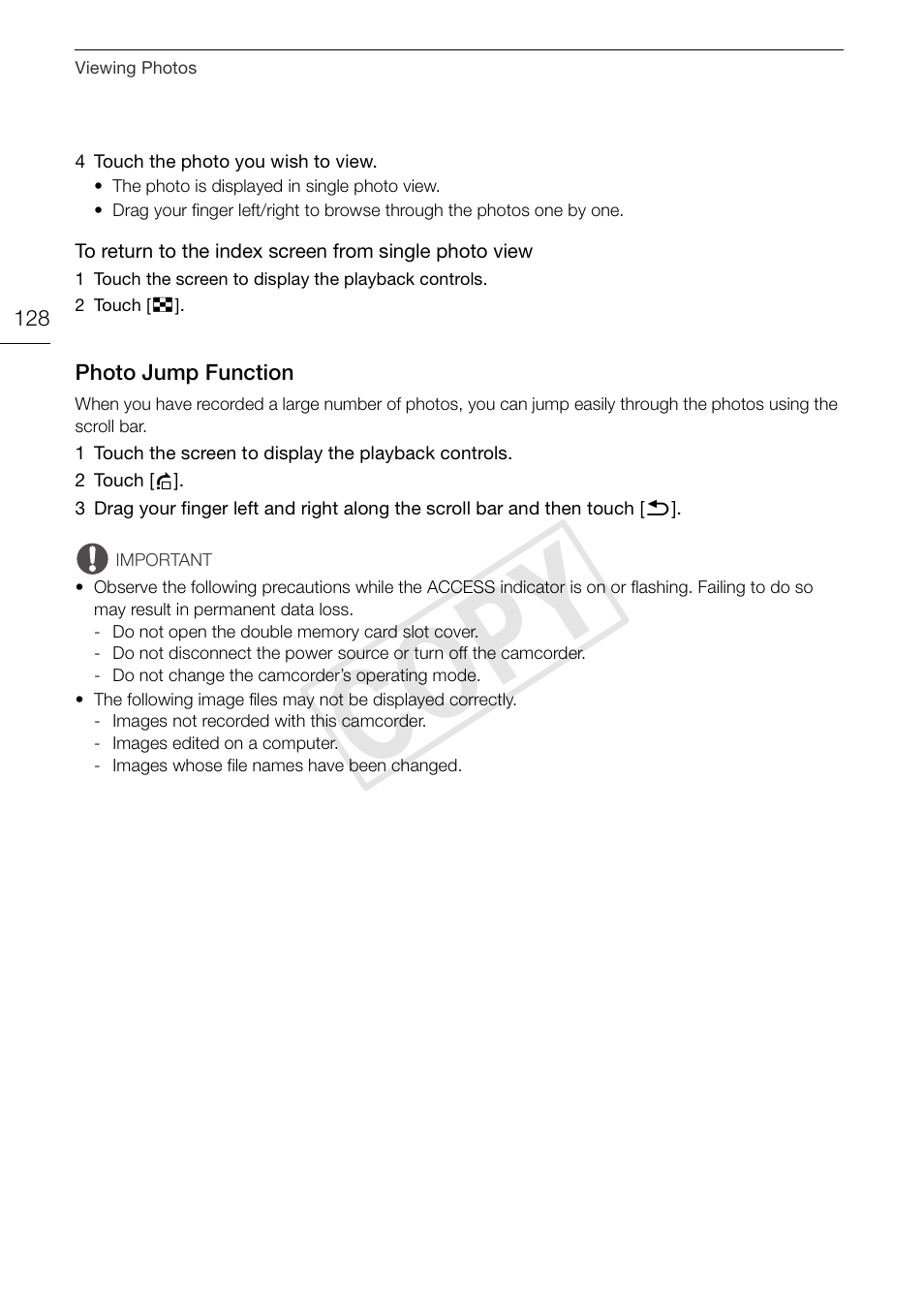 Photo jump function 128, Cop y | Canon XA10 User Manual | Page 128 / 187