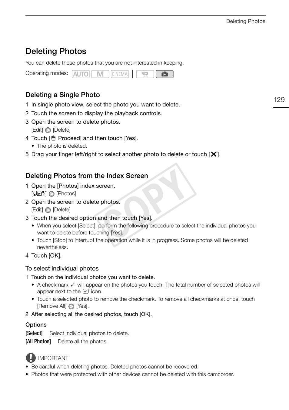 Deleting photos 129, Screen 129, Cop y | Deleting photos | Canon XA10 User Manual | Page 129 / 187