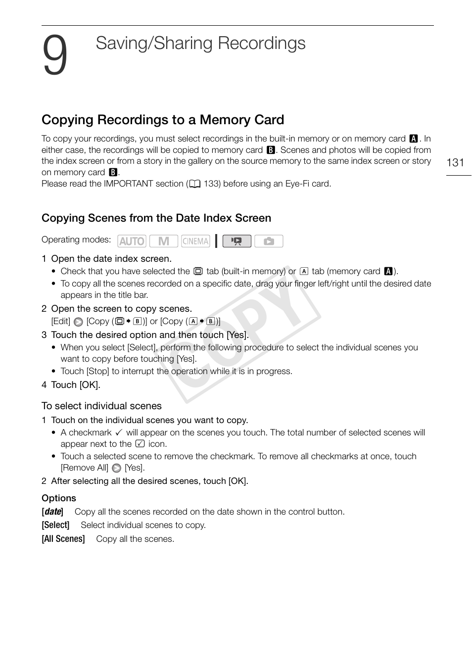 9 saving/sharing, Recordings 131, Copying recordings to a memory | Card 131 copying scenes from the date index, Screen 131, Cop y, Saving/sharing recordings | Canon XA10 User Manual | Page 131 / 187