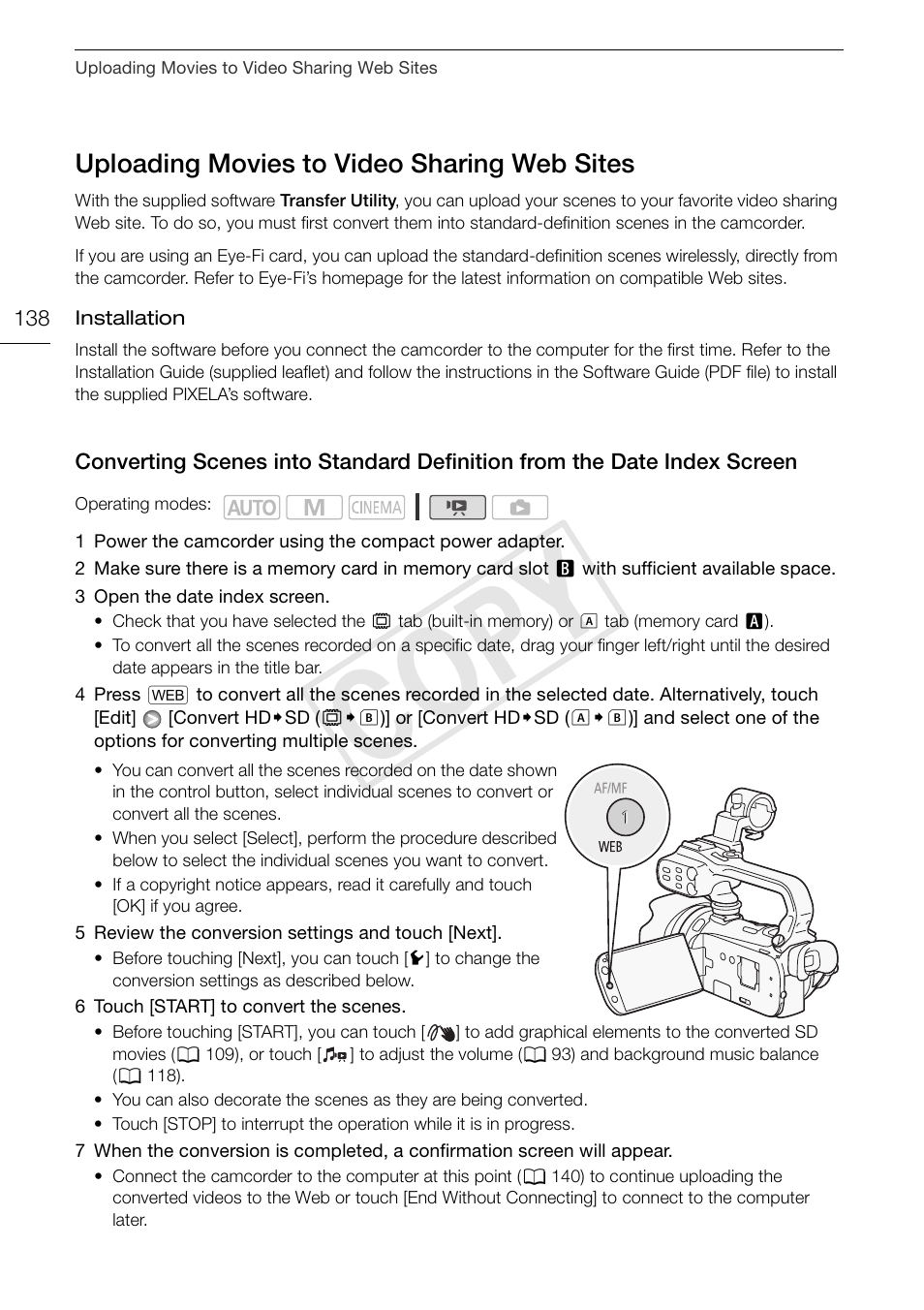 Uploading movies to video sharing web, Sites 138 converting scenes into standard, Definition from the date index screen 138 | Cop y, Uploading movies to video sharing web sites | Canon XA10 User Manual | Page 138 / 187