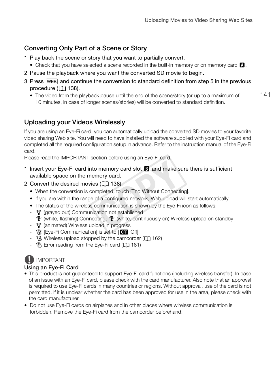 Converting only part of a scene or, Story 141, Uploading your videos wirelessly 141 | Cop y | Canon XA10 User Manual | Page 141 / 187