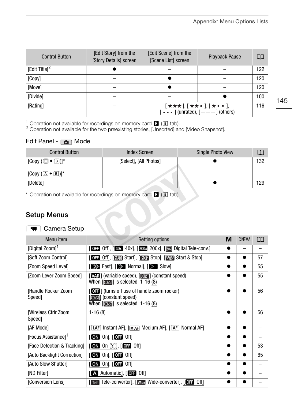 Setup menus 145, Cop y, Setup menus | Canon XA10 User Manual | Page 145 / 187