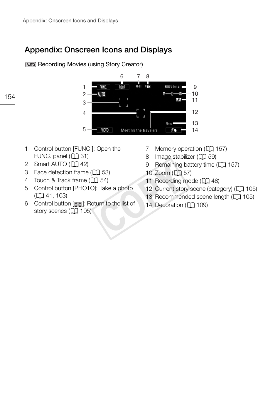 Appendix: onscreen icons and, Displays 154, Cop y | Appendix: onscreen icons and displays | Canon XA10 User Manual | Page 154 / 187