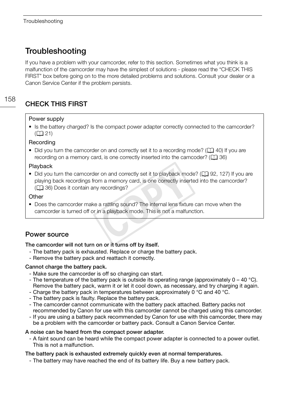 Troubleshooting 158, Cop y, Troubleshooting | Canon XA10 User Manual | Page 158 / 187