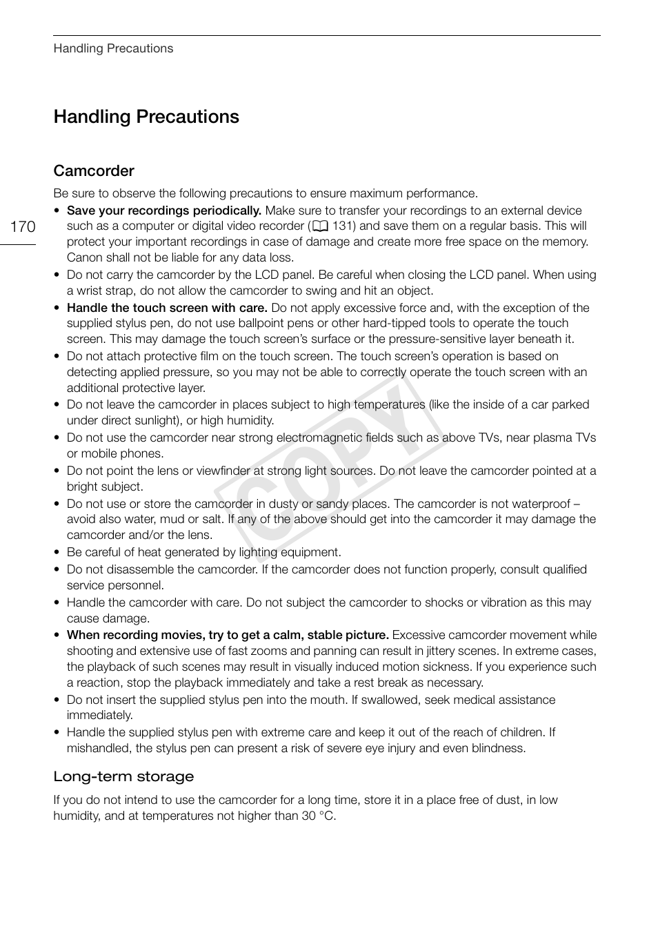 Handling precautions 170, Camcorder 170, Cop y | Handling precautions | Canon XA10 User Manual | Page 170 / 187