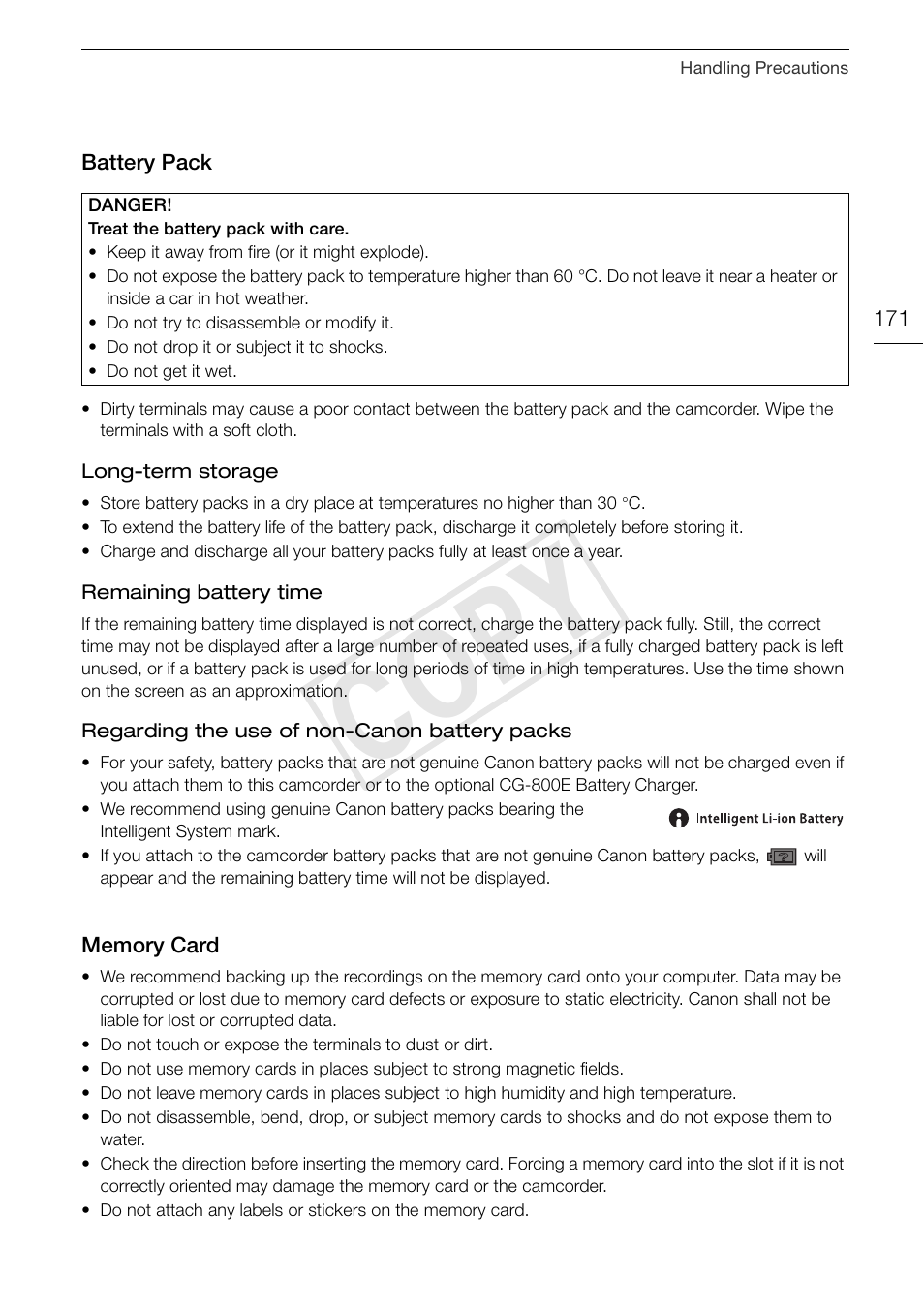 Battery pack 171 memory card 171, Cop y | Canon XA10 User Manual | Page 171 / 187