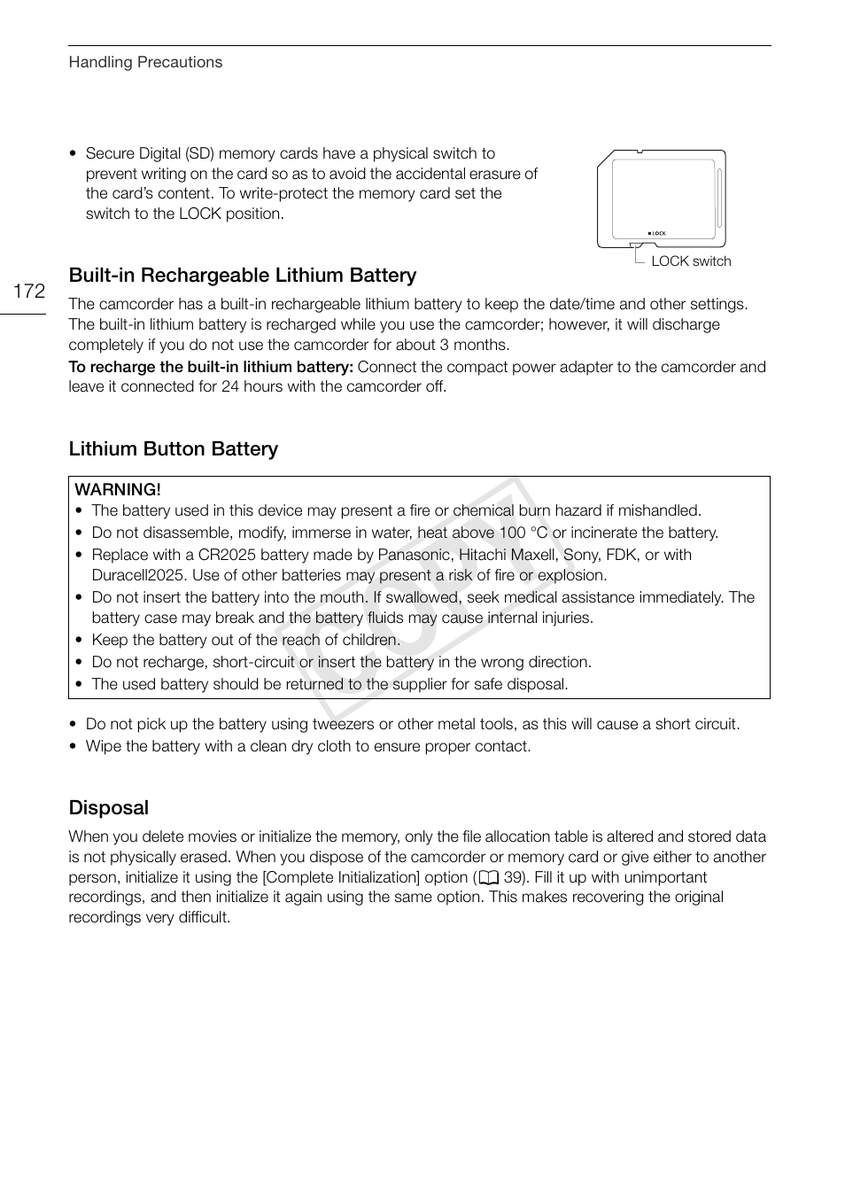 Built-in rechargeable lithium, Battery 172, Lithium button battery 172 disposal 172 | Cop y | Canon XA10 User Manual | Page 172 / 187