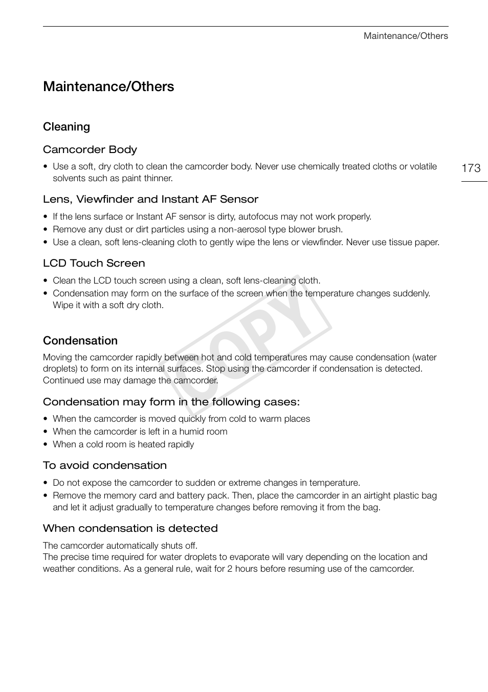 Maintenance/others 173, Cleaning 173 condensation 173, Cop y | Canon XA10 User Manual | Page 173 / 187