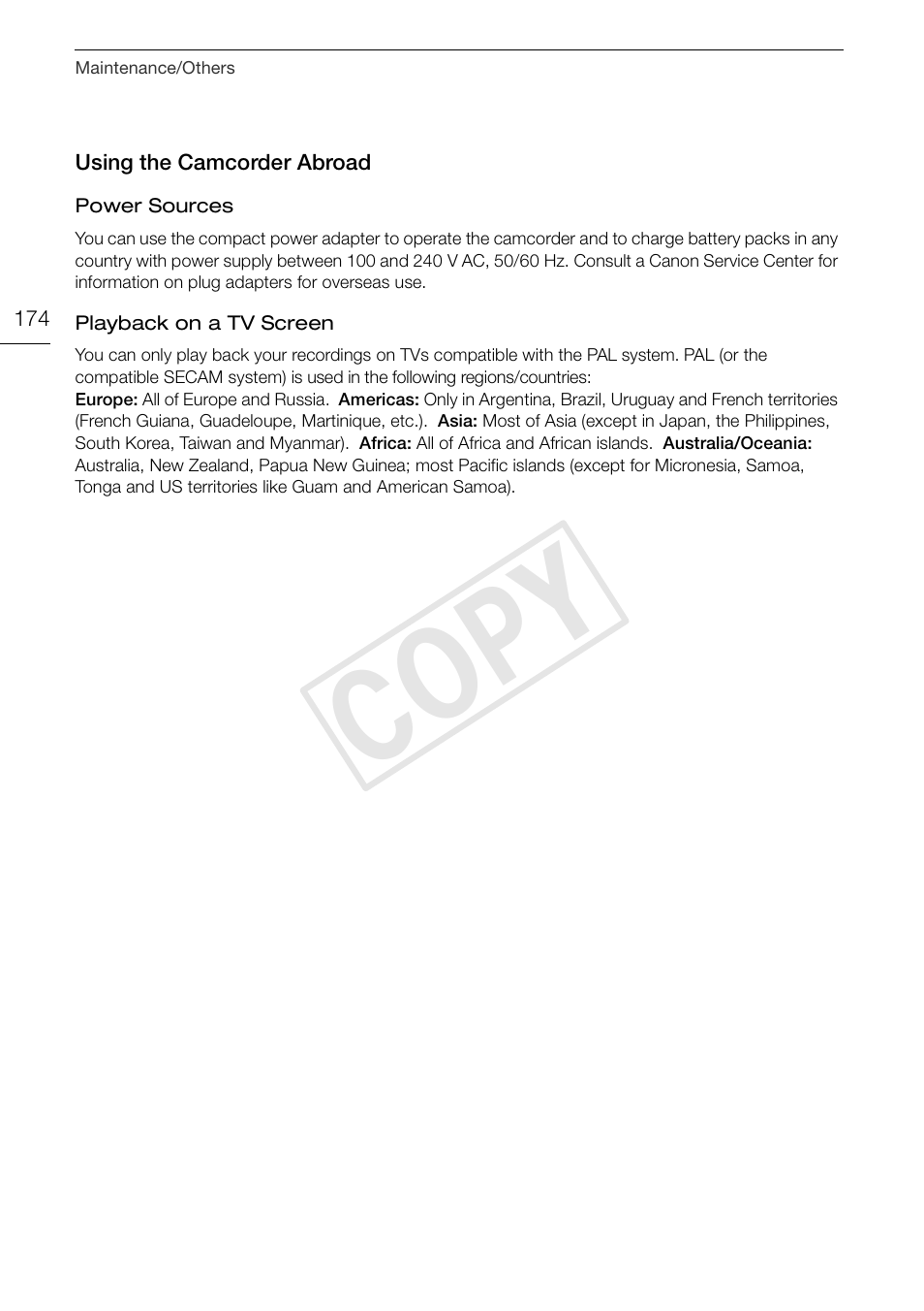 Using the camcorder abroad 174, Cop y | Canon XA10 User Manual | Page 174 / 187