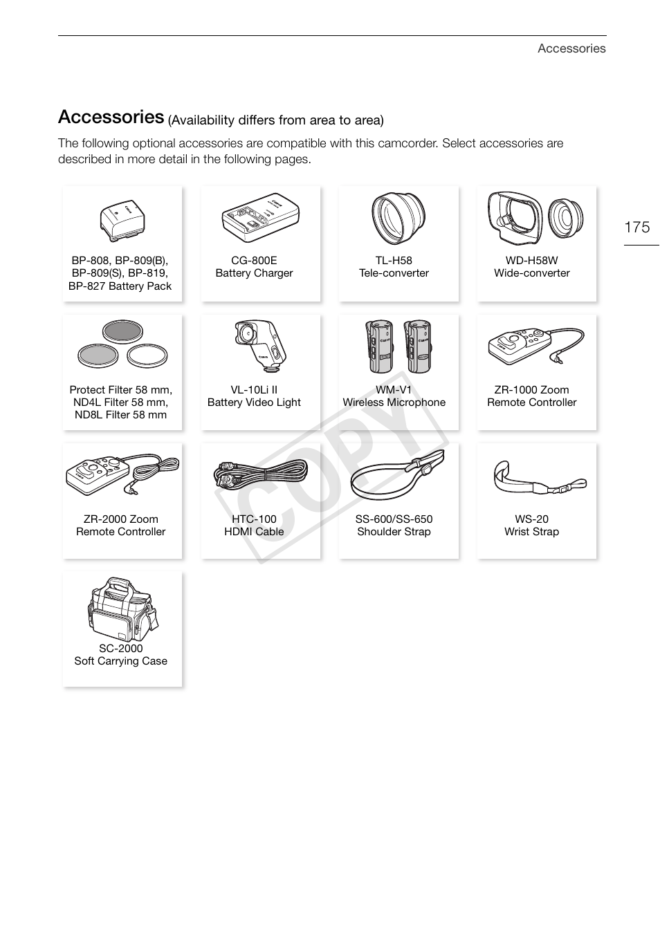 Accessories 175, Cop y, Accessories | Canon XA10 User Manual | Page 175 / 187