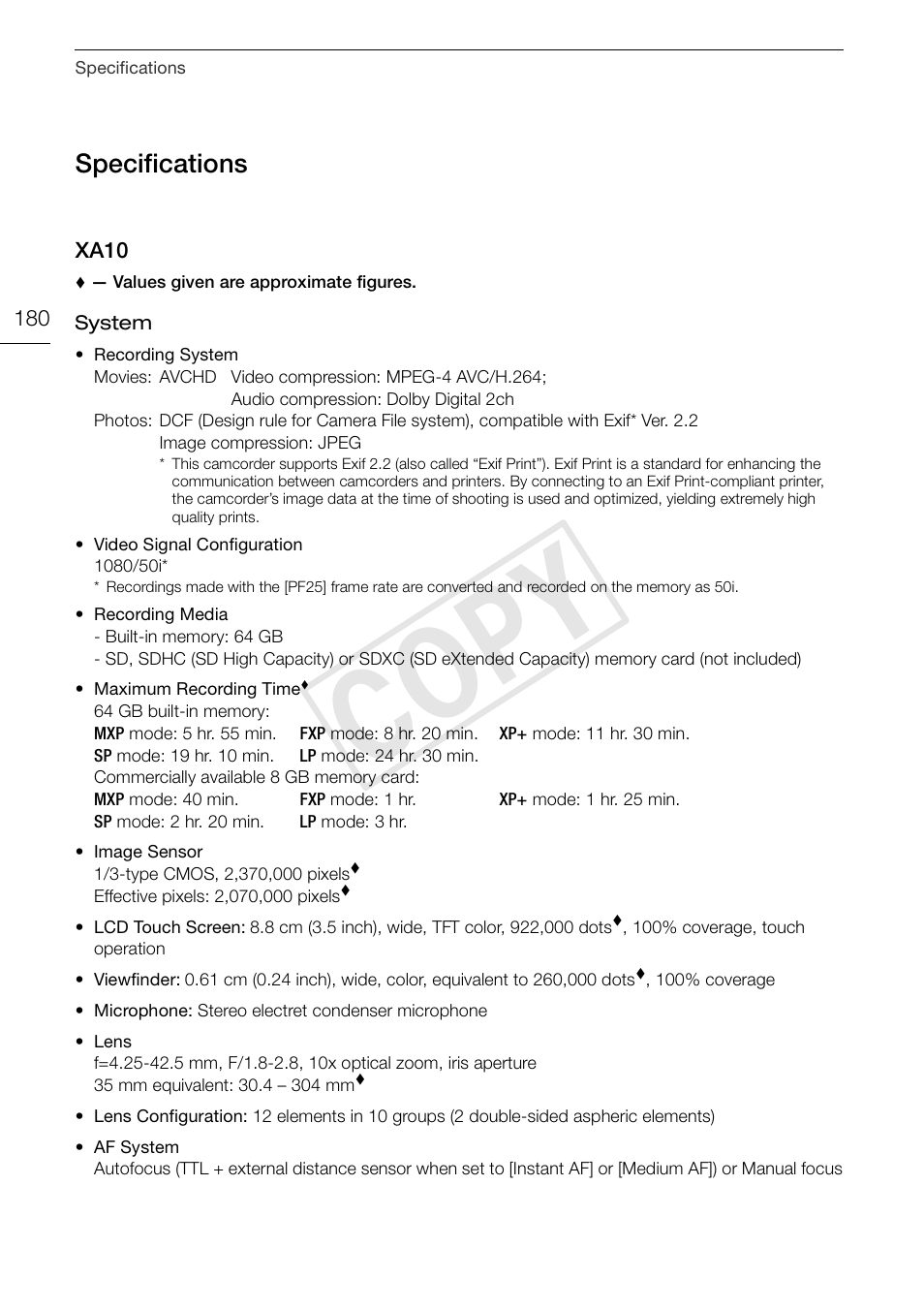 Specifications 180, Cop y, Specifications | Canon XA10 User Manual | Page 180 / 187