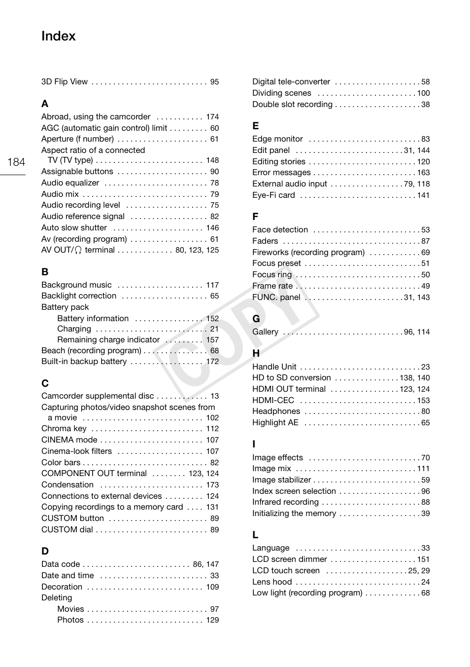 Index 184, C op y, Index | Canon XA10 User Manual | Page 184 / 187