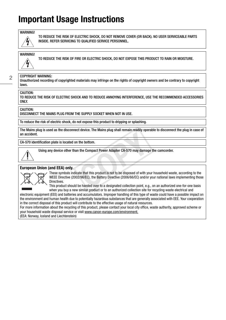 Cop y, Important usage instructions | Canon XA10 User Manual | Page 2 / 187