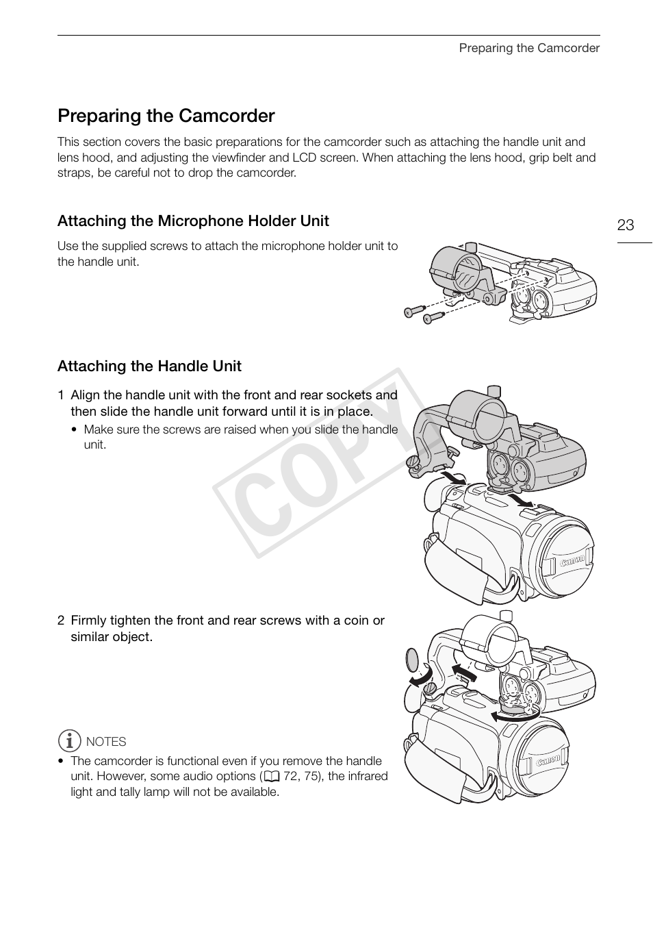 Preparing the camcorder 23, Attaching the microphone holder, Unit 23 | Attaching the handle unit 23, Cop y | Canon XA10 User Manual | Page 23 / 187