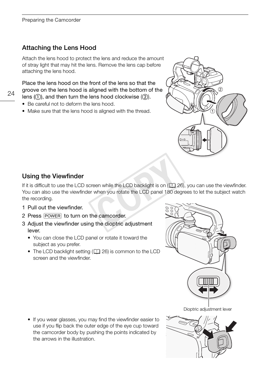 Attaching the lens hood 24 using the viewfinder 24, Cop y | Canon XA10 User Manual | Page 24 / 187