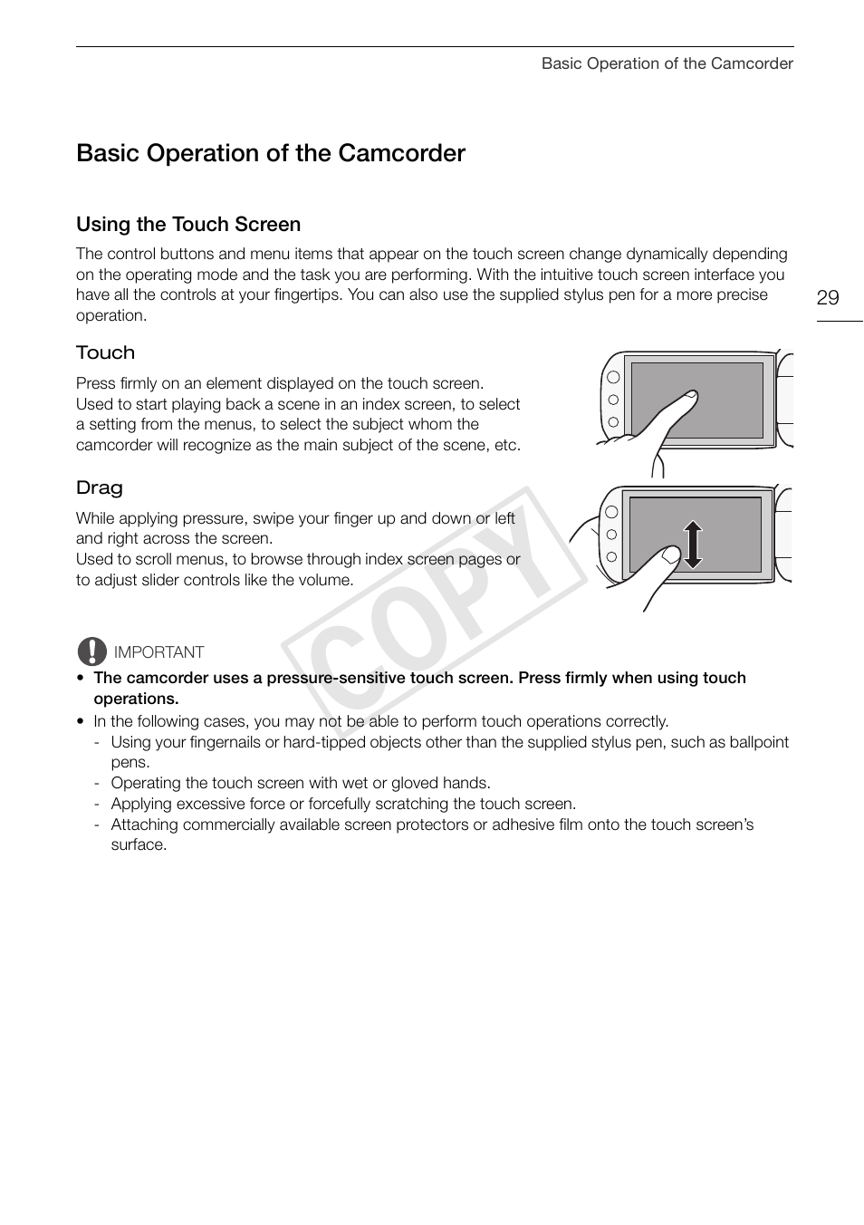 Basic operation of the camcorder 29, Using the touch screen 29, Cop y | Canon XA10 User Manual | Page 29 / 187