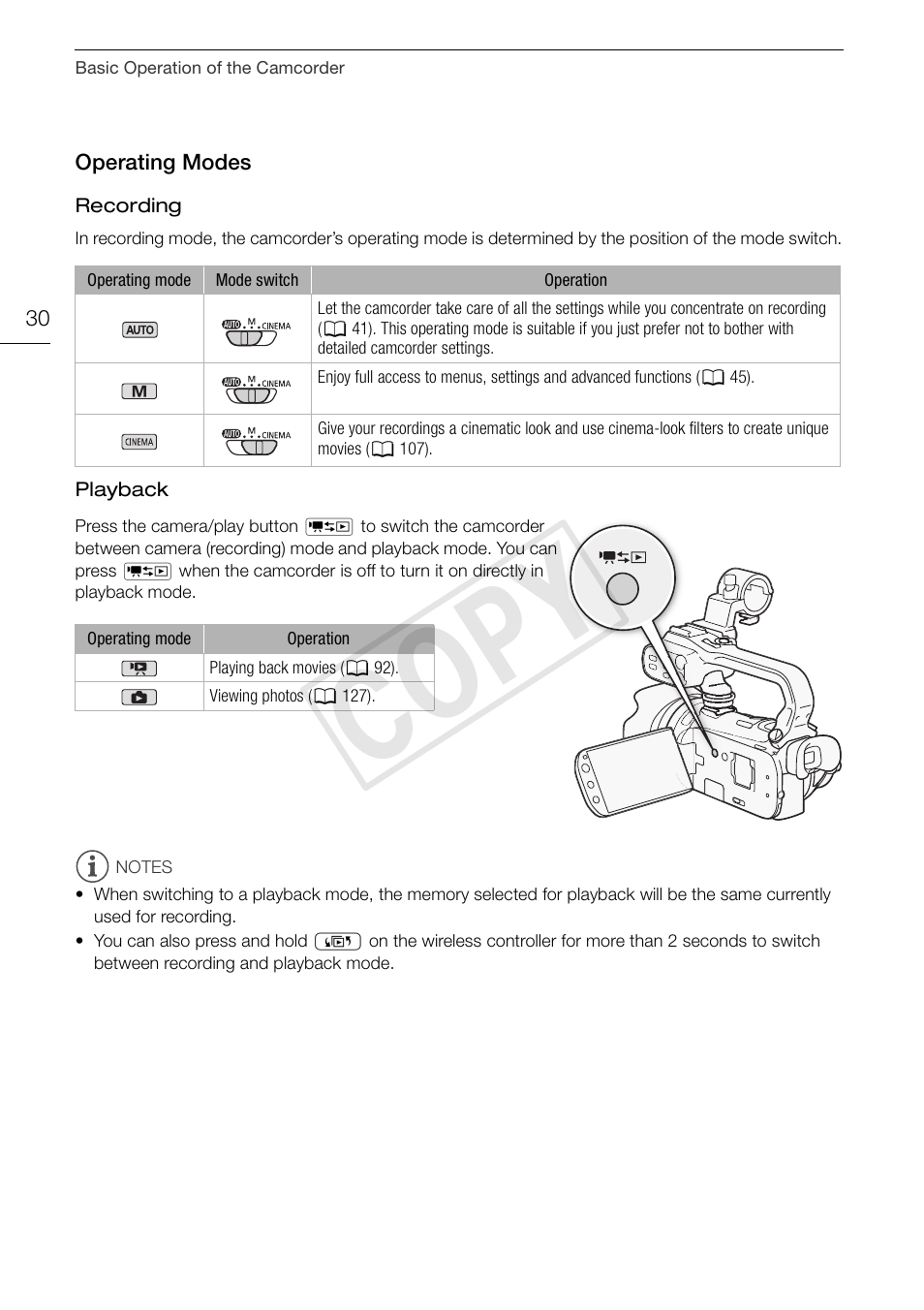 Operating modes 30, Cop y | Canon XA10 User Manual | Page 30 / 187