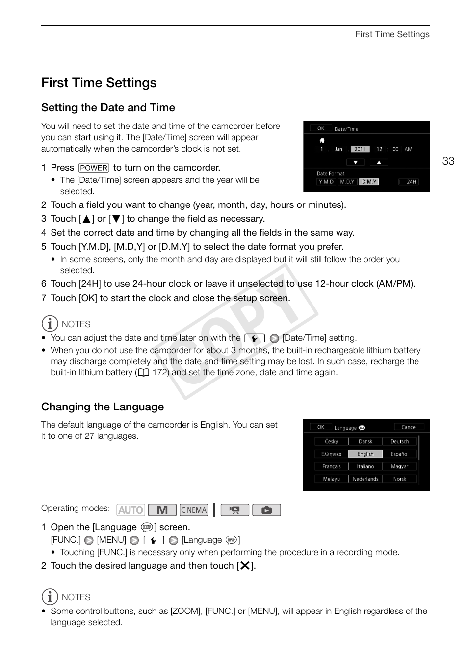 First time settings 33, Cop y, First time settings | Canon XA10 User Manual | Page 33 / 187