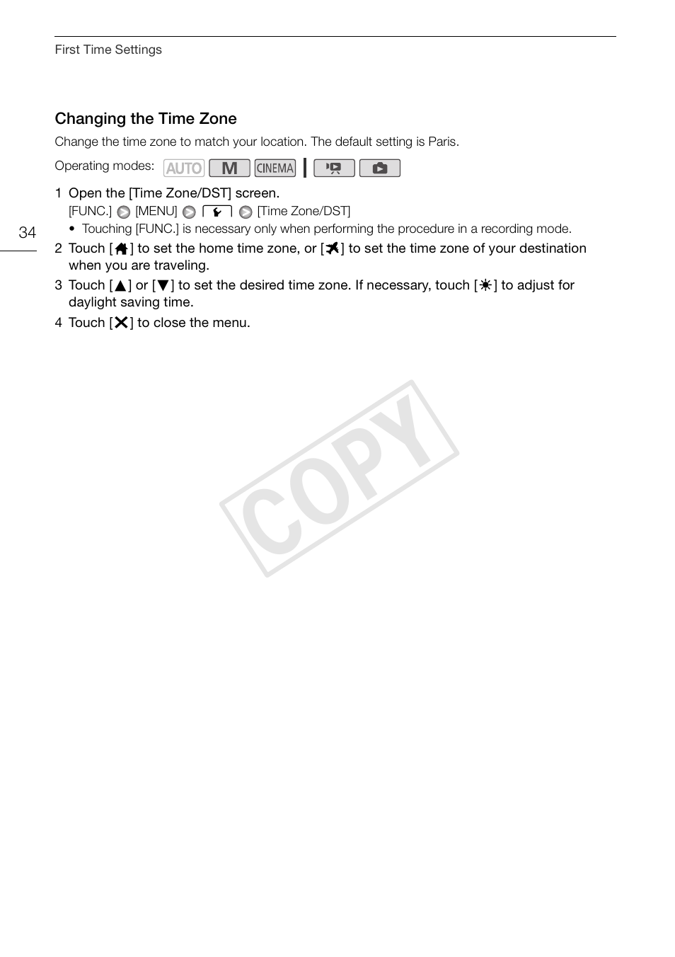 Changing the time zone 34, Cop y | Canon XA10 User Manual | Page 34 / 187