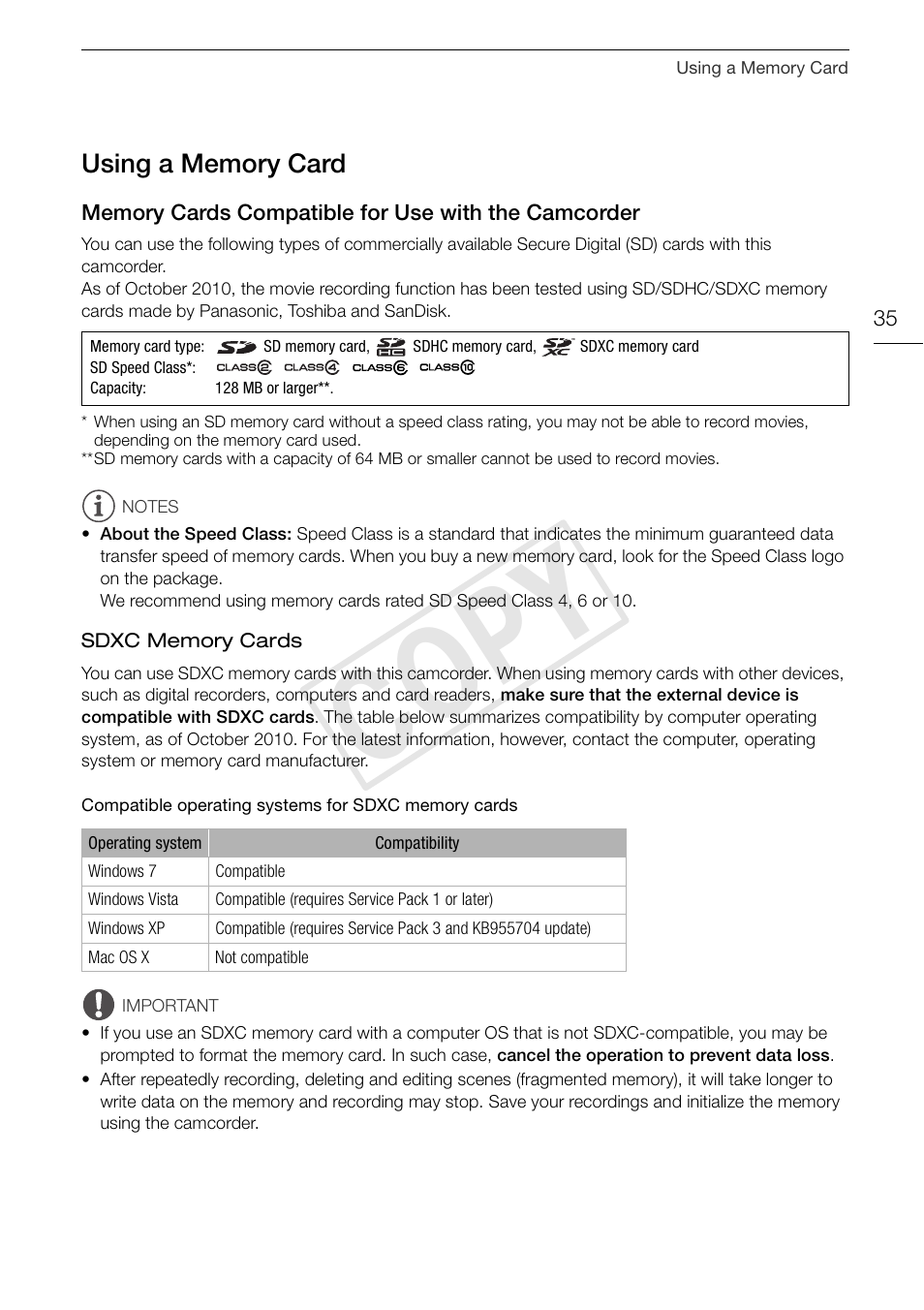 Using a memory card 35, Memory cards compatible for use with, The camcorder 35 | Cop y | Canon XA10 User Manual | Page 35 / 187