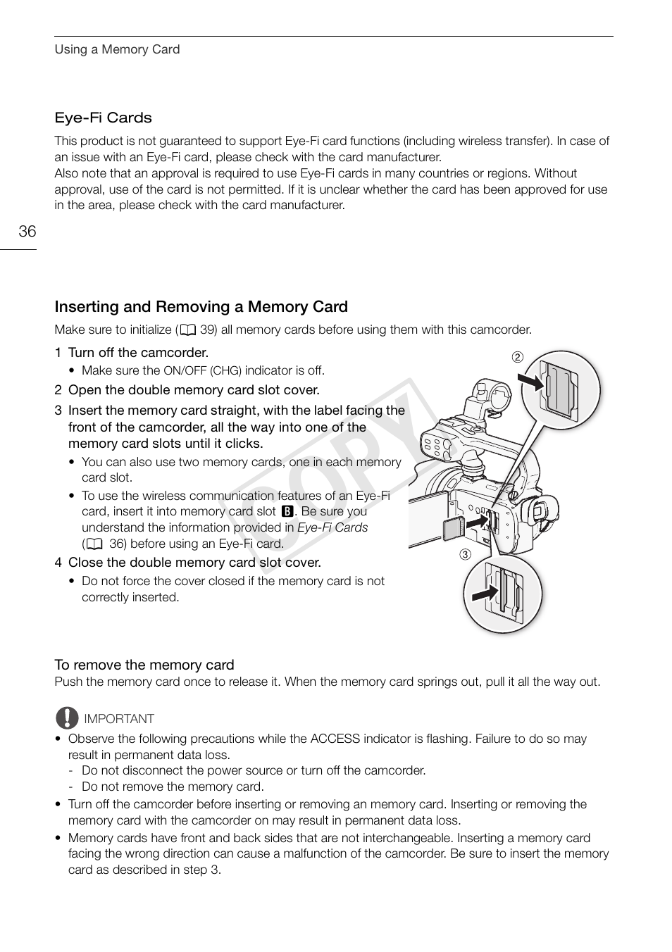 Inserting and removing a memory, Card 36, Cop y | Canon XA10 User Manual | Page 36 / 187