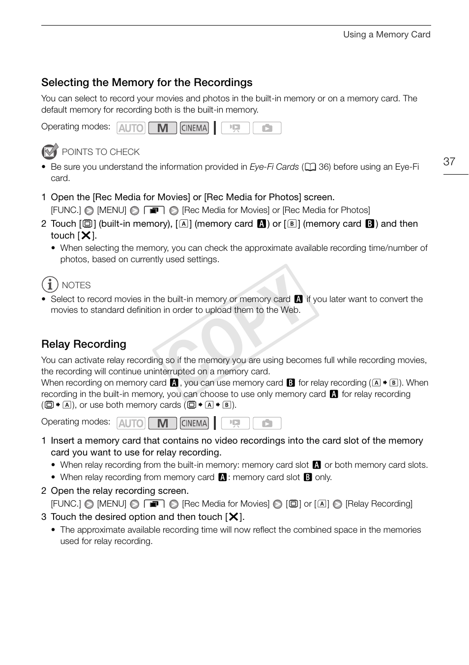 Selecting the memory for the, Recordings 37, Relay recording 37 | Cop y | Canon XA10 User Manual | Page 37 / 187