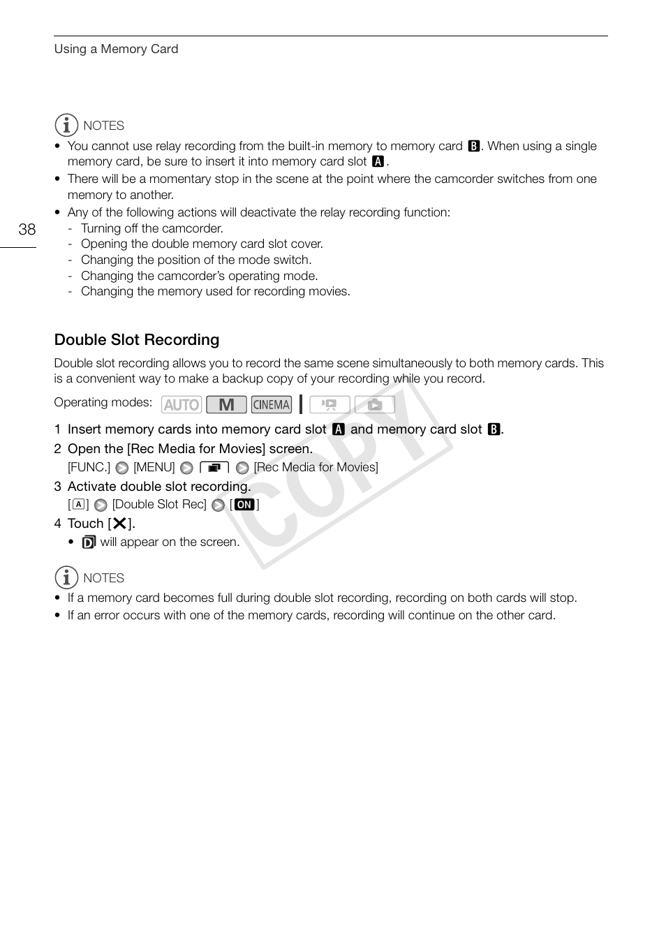 Double slot recording 38, Cop y | Canon XA10 User Manual | Page 38 / 187