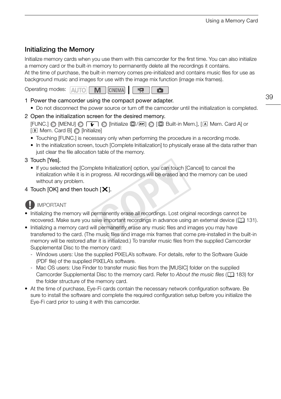 Initializing the memory 39, Cop y | Canon XA10 User Manual | Page 39 / 187